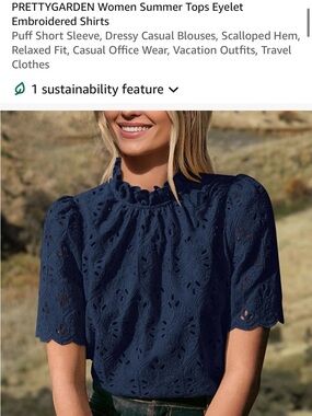 PRETTYGARDEN Navy Eyelet Embroidered Puff Sleeve Blouse